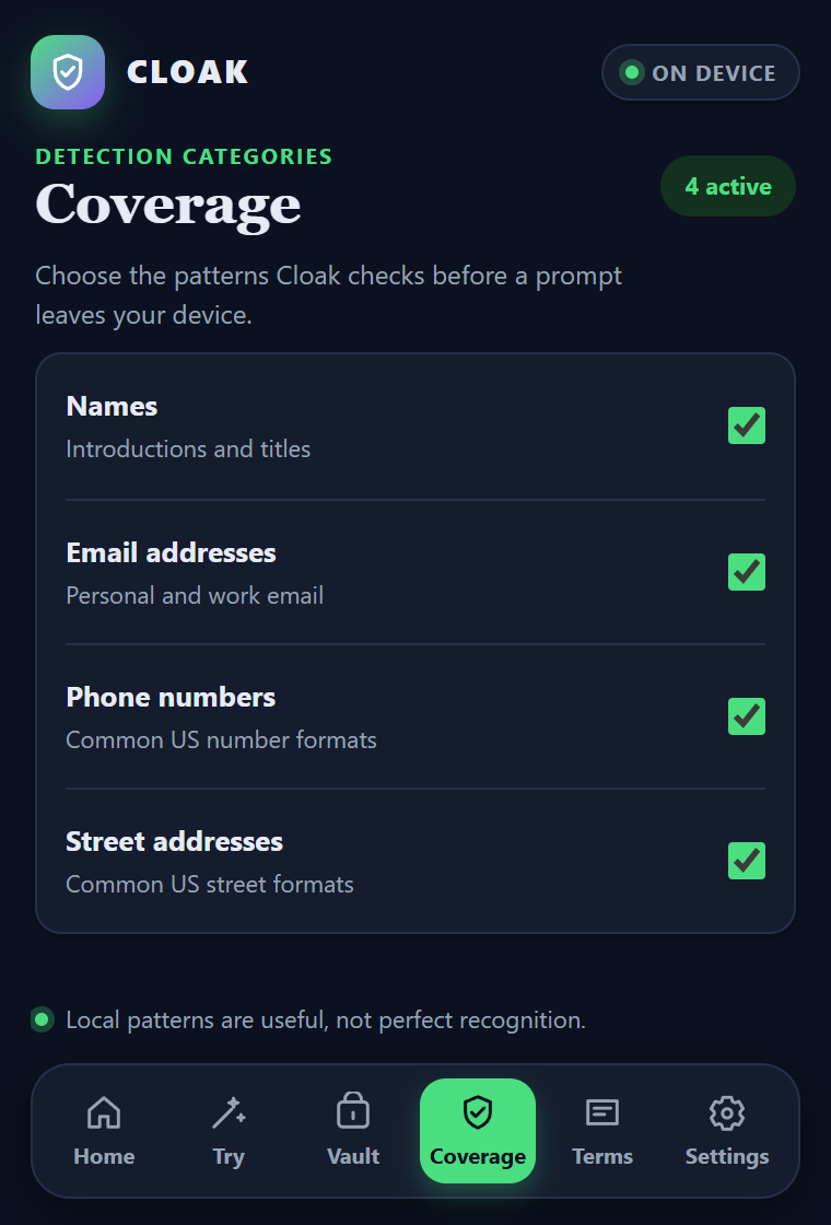 Cloak Coverage: names, email addresses, phone numbers, and street addresses enabled with individual switches.