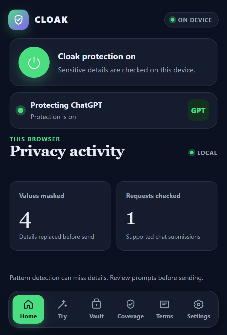 Cloak Home: protection on for ChatGPT, with local activity counters and six navigation controls.