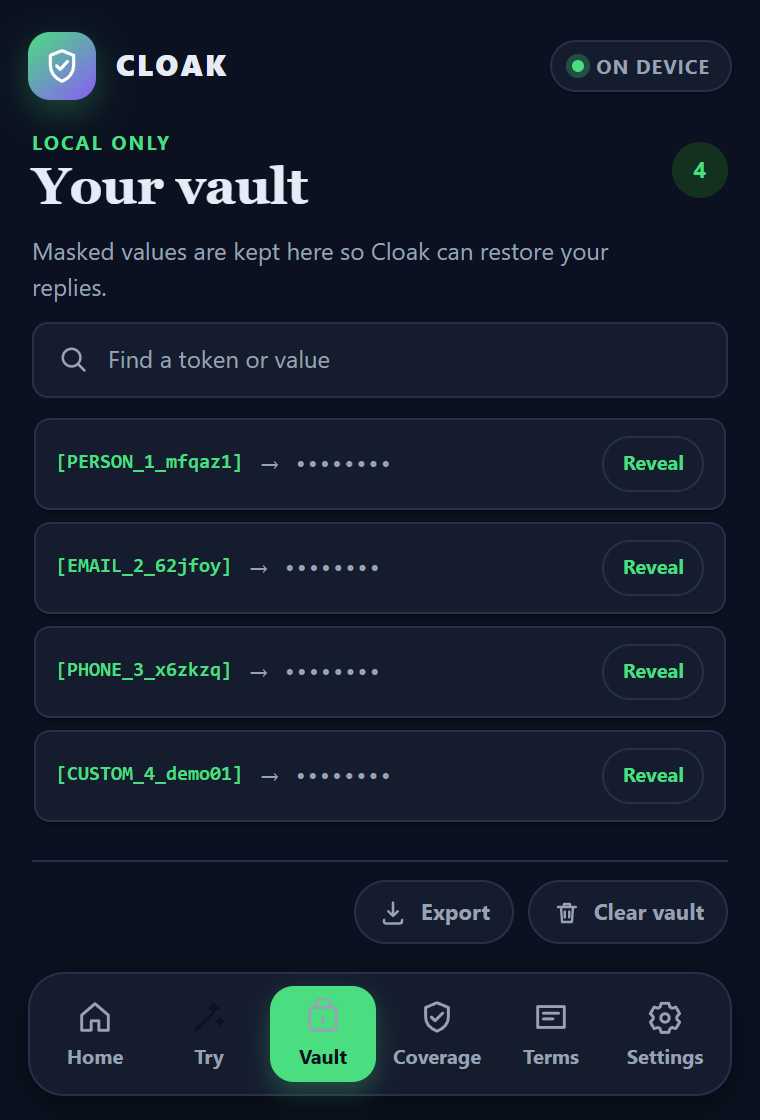 Cloak Vault: four sample token mappings with hidden values, individual Reveal buttons, search, export, and clear controls.